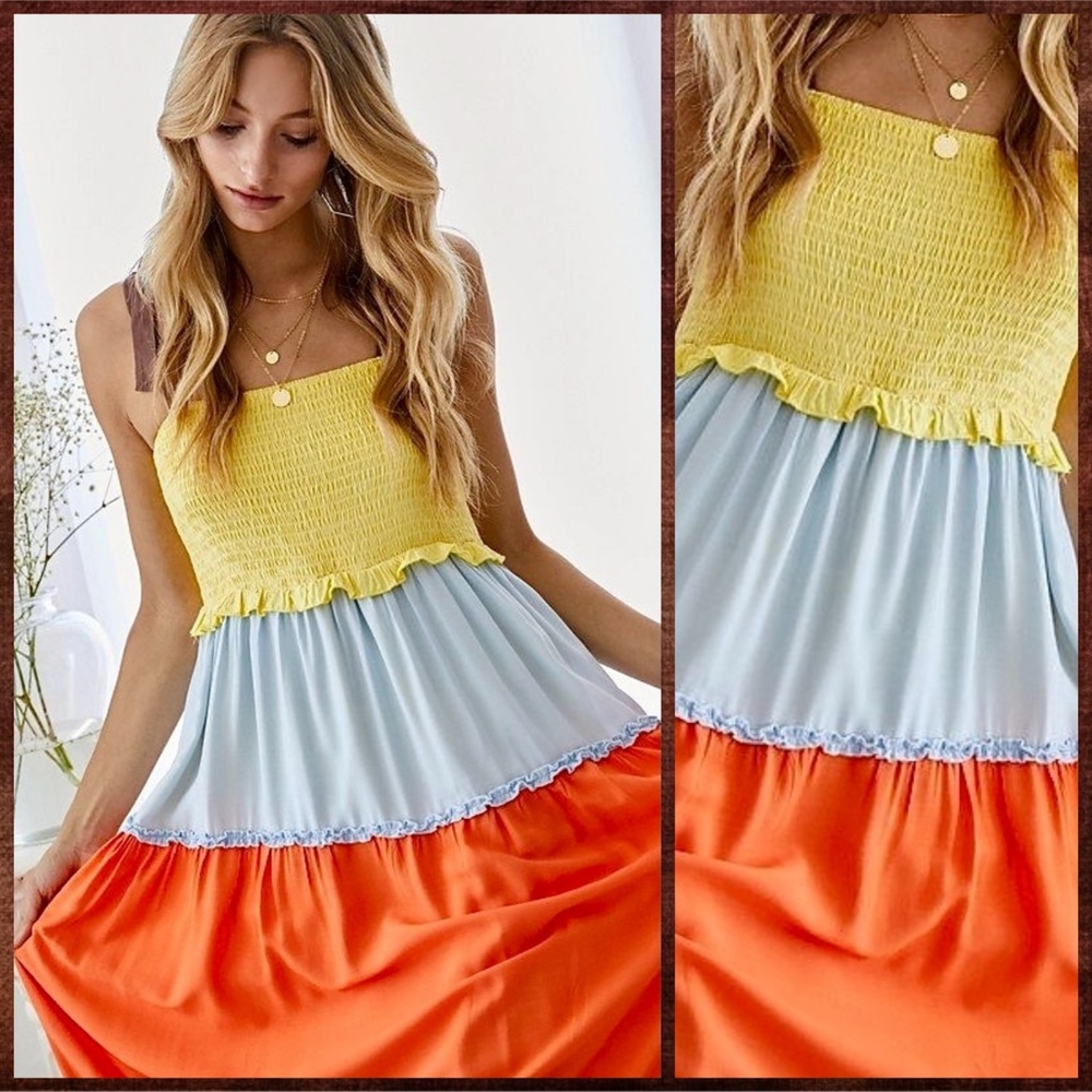 Lux Smocked Bodice Ruffle Trim Tiers Part Lined Skirt Shoulder Ties - Picture 3 of 16